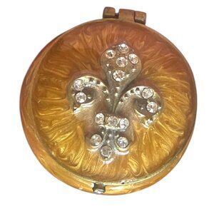Gold Colored Hinged Trinket Box With Rhinestone Fleur-De-Lis Design 1.25” diamet